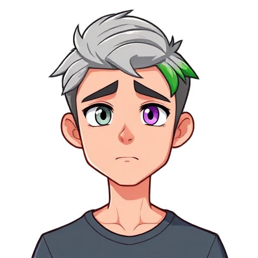 a 30-year-old man, human, 1.70m tall, athletic build. he has short gray hair with a single green streak, styled to the side. his eyes are heterochromatic — one gray, one violet — with a tired expressi