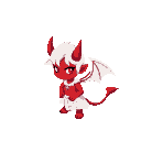 a little-detailed pixel-art red little demon with white hair and white clothes with two red horns and white wings he looks to the right