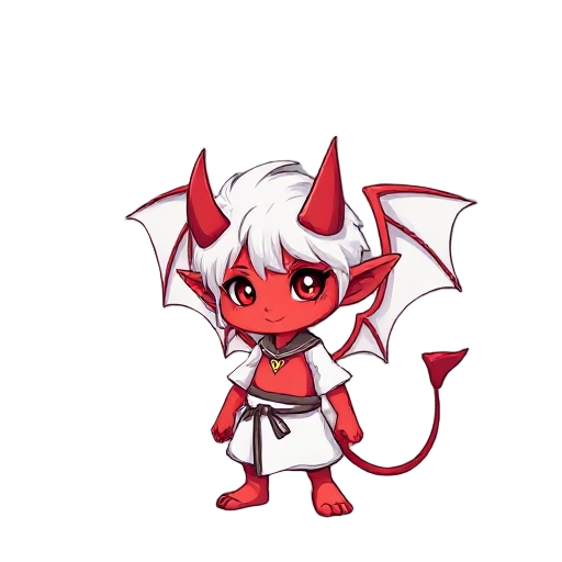 a little-detailed red little demon with white hair and white clothes with two red horns and white wings