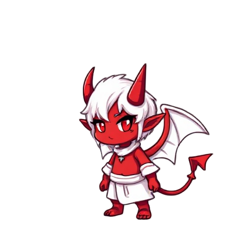 a little-detailed pixel-art red little demon with white hair and white clothes with two red horns and white wings he looks to the right