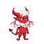 a red little demon with white hair and white clothes with two red horns and white wings and he looks to the right
