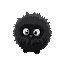 a small, round, cute, black fuzzy creature with soft, spiky edges, resembling soot. it has two large, white, expressive eyes. slightly irregular shape, lightweight, and fluffy.
