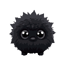 a small, round, cute, black fuzzy creature with soft, spiky edges, resembling soot. it has two large, white, expressive eyes. slightly irregular shape, lightweight, and fluffy.