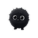a small, round, cute, black fuzzy creature with soft, spiky edges, resembling soot. it has two large, white, expressive eyes. slightly irregular shape, lightweight, and fluffy.