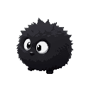 a small, round, black fuzzy creature with soft, spiky edges, resembling soot. it has two large, white, expressive eyes. slightly irregular shape, lightweight, and fluffy.