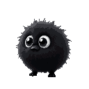 a small, round, cute, black fuzzy creature with soft, spiky edges, resembling soot. it has two large, white, expressive eyes. slightly irregular shape, lightweight, and fluffy.