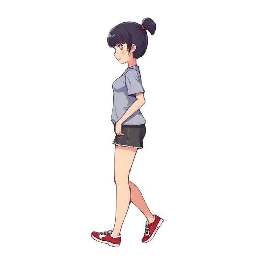 a curvy anime girl side profile walking