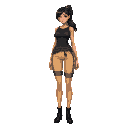 athletic slender woman, bermudan colored pants with a gray stripe on the sides, sweater of the same color tied around the waist, sleeveless black shirt, black boots, long black hair with a green ponyt