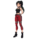 athletic slender woman/bermudan vermilion pants with a gray stripe on the sides/sweater of the same color tied around the waist/sleeveless black shirt/black boots/long black hair with a green ponytail