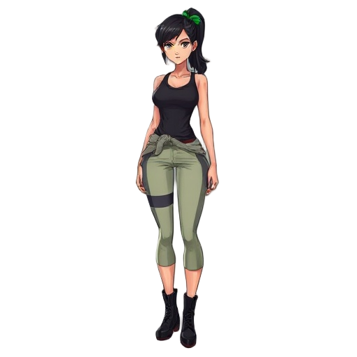 athletic slender woman, bermudan colored pants with a gray stripe on the sides, sweater of the same color tied around the waist, sleeveless black shirt, black boots, long black hair with a green ponyt