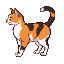 a calico cat in a standard standing pose, side view, facing to the left, with its tail held high and curved. detailed fur pattern with patches of orange, black, and white. pixel, 8 bit