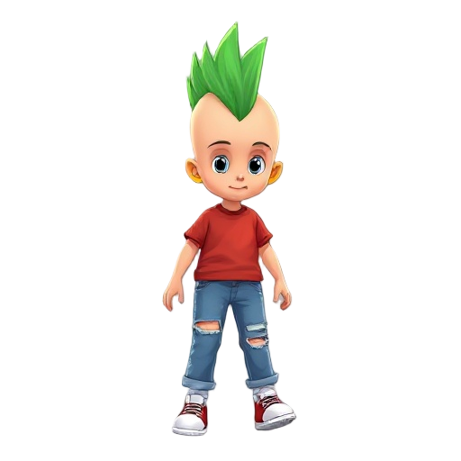 a child walking with green mohawk haircut,  red t shirt, blue jeans with holes, yellow earing