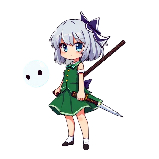 konpaku youmu, touhou, 1girl, silver_hair, blue_eyes, green_vest, green_skirt, side view, standing sideways, idel state, holding a katana with two hands, one katana on back, determined expression, ghost half-spirit floating beside her, vibrant color palet