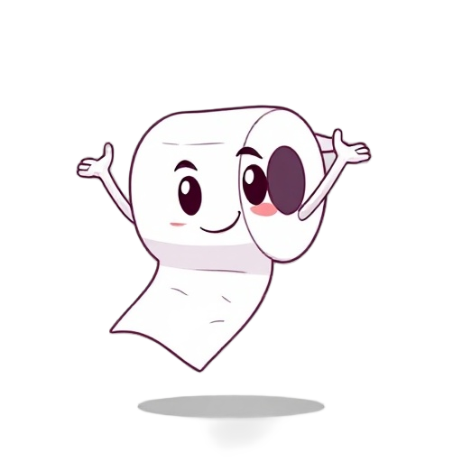 a cute animated toilet paper roll character flying in the air with a determined expression, slightly unrolling behind as it moves, cartoon style, white textured paper with soft shadows