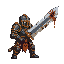 one-armed pixel warrior in dark armor with golden details, holding a huge broken sword, bloodied, vengeful, in a retro 2d soulslike style. gold detail and dark tones only