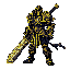 one-armed pixel warrior in dark armor with golden details, holding a huge broken sword, bloodied, vengeful, in a retro 2d soulslike style. gold detail and dark tones only