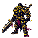 one-armed pixel warrior in dark armor with golden details, holding a huge broken sword, bloodied, vengeful, in a retro 2d soulslike style. gold detail and dark tones only