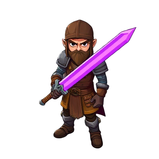 warrior in a leather armor and purple-glowing sword