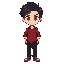 a human character with short black hair, red shirt and black pants, red eyes.