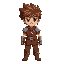 rpg boy character with spiky brown hair, big eyes, wearing a maroon tunic, brown pants, boots, and shoulder pads. stylized in a retro 2d game style, facing forward.