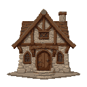 medieval stone house with wooden gable roof, central wooden door, stone walls, timber beams, and retro rpg style. earthy tones, symmetrical front, rustic and cozy fantasy vibe.