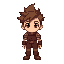 rpg boy character with spiky brown hair, big eyes, wearing a maroon tunic, brown pants, boots, and shoulder pads. stylized in a retro 2d game style, facing forward.