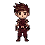 rpg boy character with spiky brown hair, big eyes, wearing a maroon tunic, brown pants, boots, and shoulder pads. stylized in a retro 2d game style, facing forward.