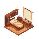 cozy isometric room, wooden floor, bed, desk with books, window with sunlight, warm colors, retro 16-bit look