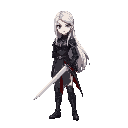  female warrior, long white hair, black armor, silver sword, red hilt, idle pose, smooth hair movement.