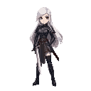  female warrior, long white hair, black armor, silver sword, red hilt, idle pose, smooth hair movement.