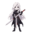  female warrior, long white hair, black armor, silver sword, red hilt, idle pose, smooth hair movement.