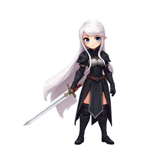  female warrior, long white hair, black armor, silver sword, red hilt, idle pose, smooth hair movement.