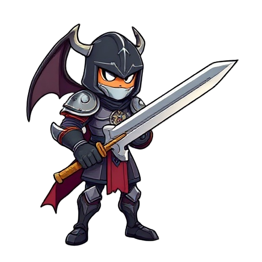 um guerreiro com uma espada bem grande apoiada no ombro, uma armadura toda preta e um capacete preto estilo um dragão 