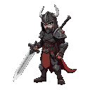 um guerreiro com uma espada bem grande apoiada no ombro, uma armadura toda preta e um capacete preto estilo um dragão 