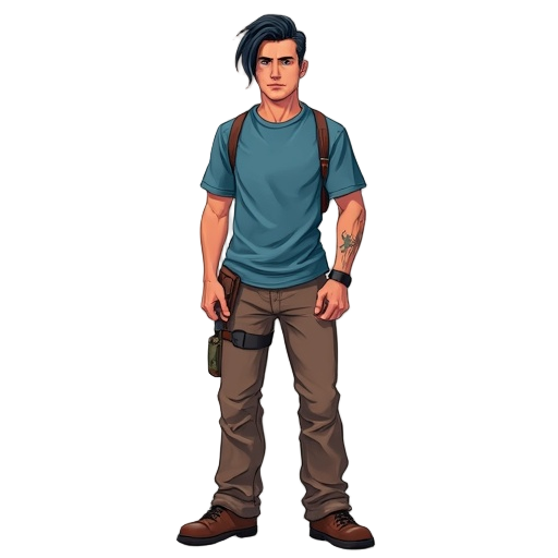 post apocalyptic male with slick back black hair and blue shirt and brown pants
