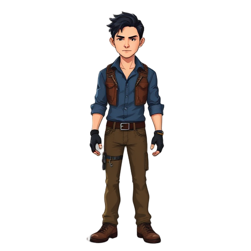 post apocalyptic male with slick back black hair and blue shirt and brown pants