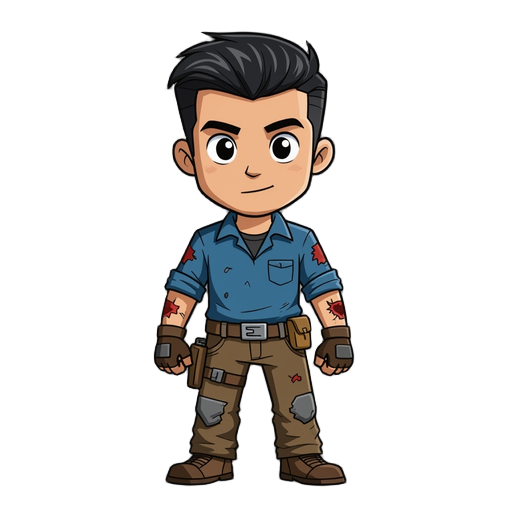 post apocalyptic male with slick back black hair and blue shirt and brown pants