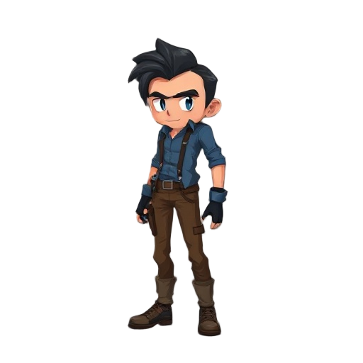 post apocalyptic male with slick back black hair and blue shirt and brown pants