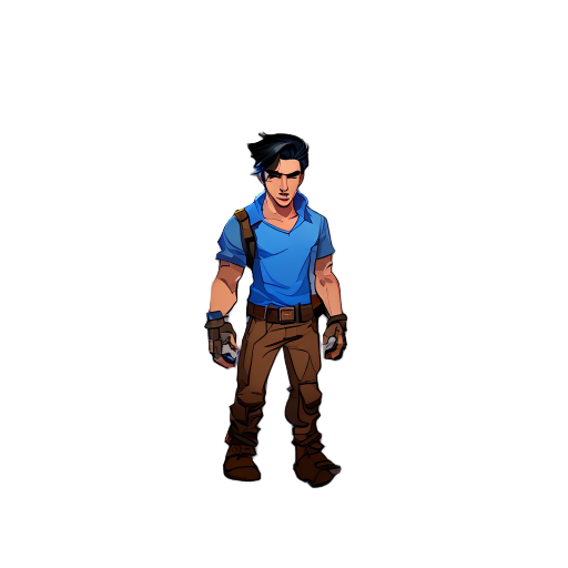 post apocalyptic male with slick back black hair and blue shirt and brown pants