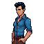 post apocalyptic male with slick back black hair and blue shirt and brown pants