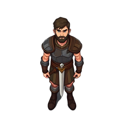 high-top down character, 8 direction, fortress guard with a sword at his waist, wears a basic armor, 15 degree tilt from above, bipedal realistic character, full body