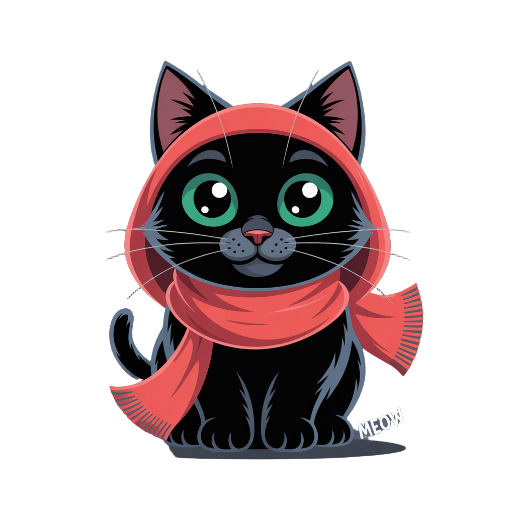 black cat with very big red scarf and big eyes