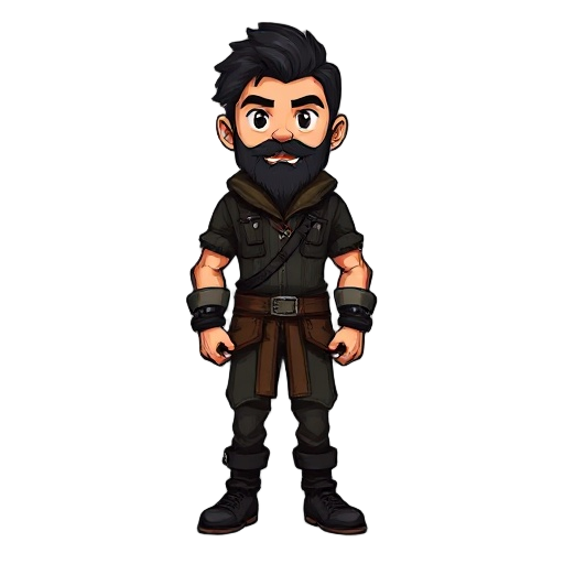 rpg maker mz style, black hair and beard, leather clothing