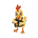 a cute little chicken soldier holding a gun in 2d top down bird's-eye view.