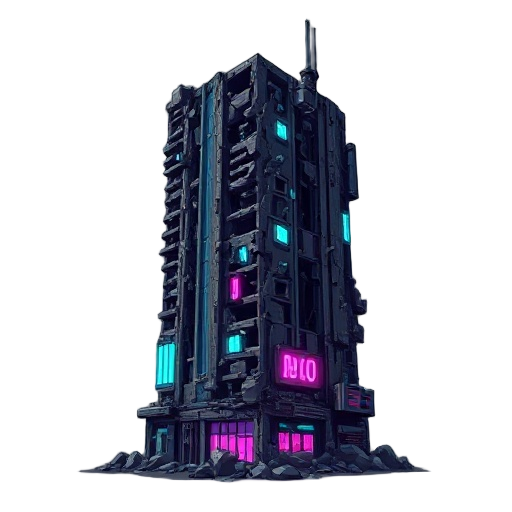 2d sprite of a ruined cyberpunk skyscraper, retro-futuristic style. broken facade, exposed steel, shattered glass, neon signs flickering cyan and magenta, dusty post-apocalyptic look, pixel-art inspired, sharp edges, stylized for game asset