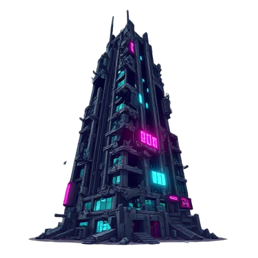 2d sprite of a ruined cyberpunk skyscraper, retro-futuristic style. broken facade, exposed steel, shattered glass, neon signs flickering cyan and magenta, dusty post-apocalyptic look, pixel-art inspired, sharp edges, stylized for game asset