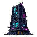 2d sprite of a ruined cyberpunk skyscraper, retro-futuristic style. broken facade, exposed steel, shattered glass, neon signs flickering cyan and magenta, dusty post-apocalyptic look, pixel-art inspired, sharp edges, stylized for game asset