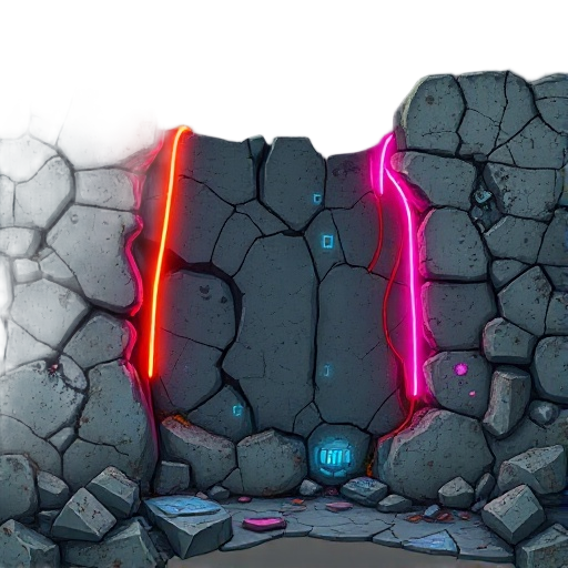 cracked concrete, exposed steel, shattered glass, rust, neon wires glowing cyan, magenta, orange. retro-futuristic, post-apocalyptic style, dusty, weathered, sharp detail, stylized for ruined dystopian city walls
