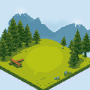 isometric, the middle should contain only grass, the rest should have trees and mountains, it should be detailed with wood lying on the ground and stones, not too big, the image should be in 1280x720 