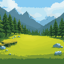 the middle should contain only grass, the rest should have trees and mountains, it should be detailed with wood lying on the ground and stones, not too big, the image should be in 1280x720 format  no 